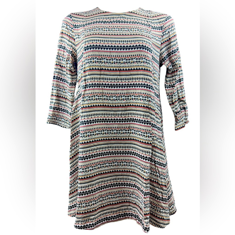 H&M Mini Shift Dress Sz 12 Cream Black Geometric Stripe Keyhole 3/4 Sleeves Boho